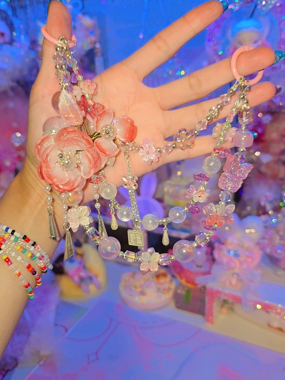 Pink Floral Crystal Multi-Strand Bag Chain
